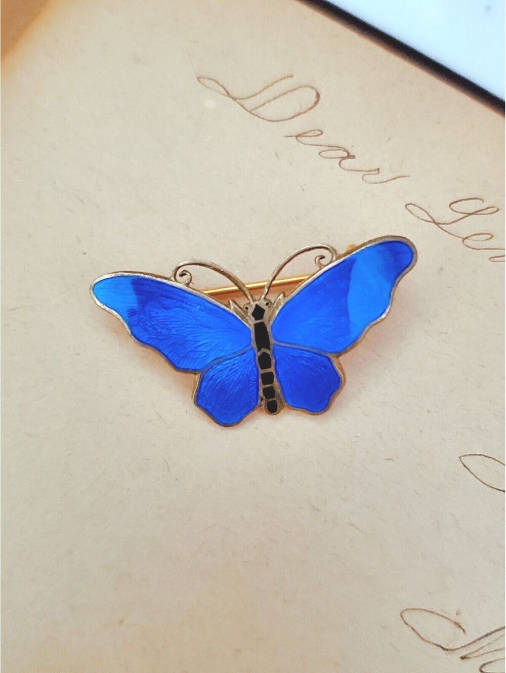 Vintage Scandinavian Guilloché Enamel Butterfly Brooch Pin